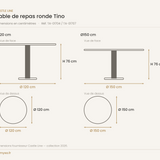 Dimensions de la table de repas ronde Tino Castle Line — Ø120 et Ø150 cm, hauteur 76 cm