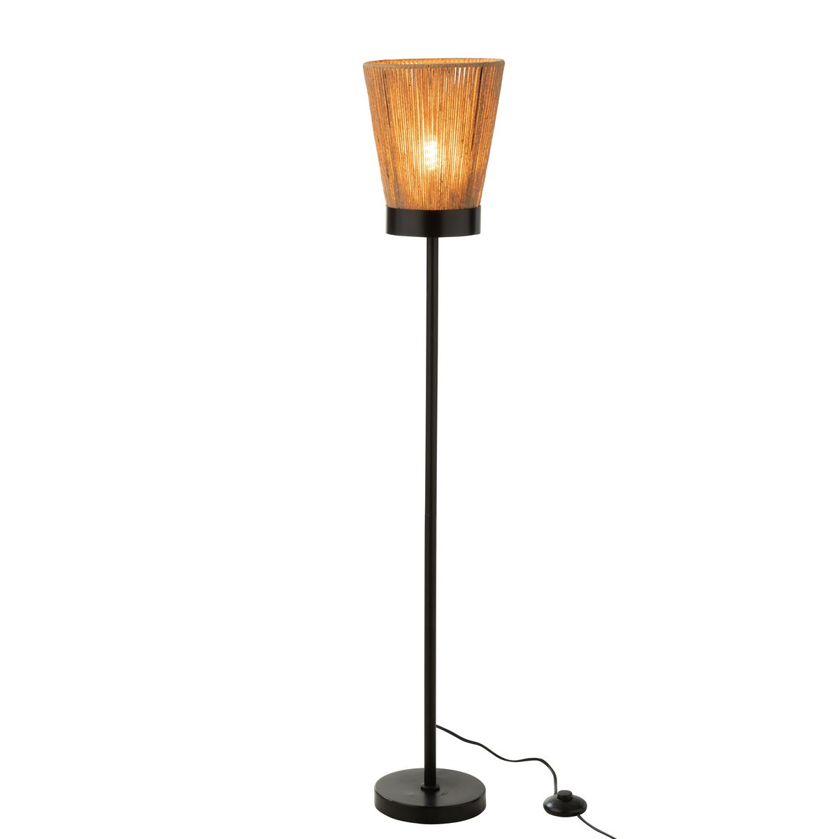 Lampadaire Luna J-Line en jute beige, vue de face dans un salon moderne.