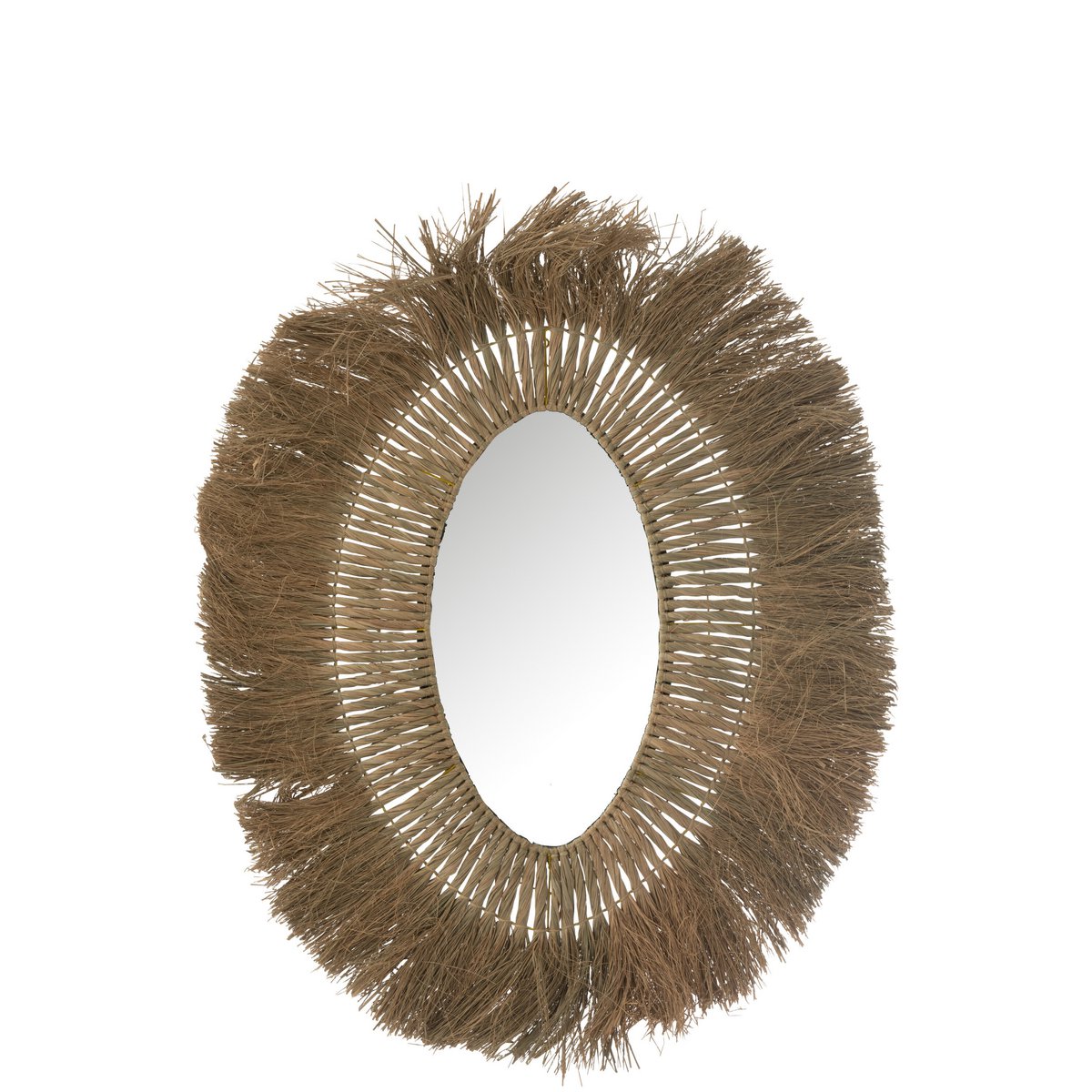 Vue rapprochée du miroir ovale tressé J-Line, mettant en avant son cadre en textile naturel.