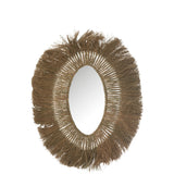 Vue rapprochée du miroir ovale tressé J-Line, mettant en avant son cadre en textile naturel.