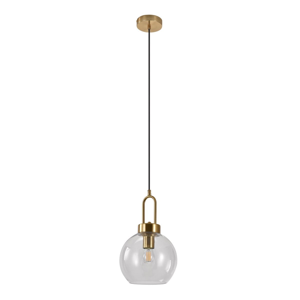 Suspension Luton en laiton avec abat-jour en verre transparent, vue de face