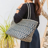 Sac fourre-tout Boho – Sac d’été en jonc de mer – Sac de plage à bandoulière – Sac naturel tissé – Grand sac de courses Boho KIDUL (noir)