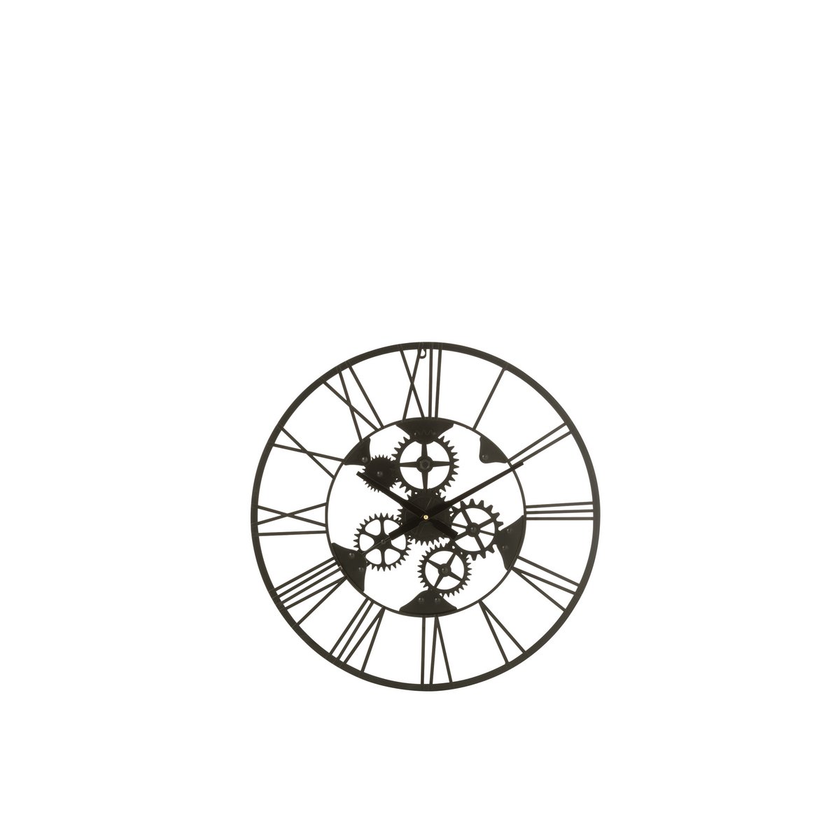 Vue latérale de l'horloge murale J-Line en métal noir, design industriel