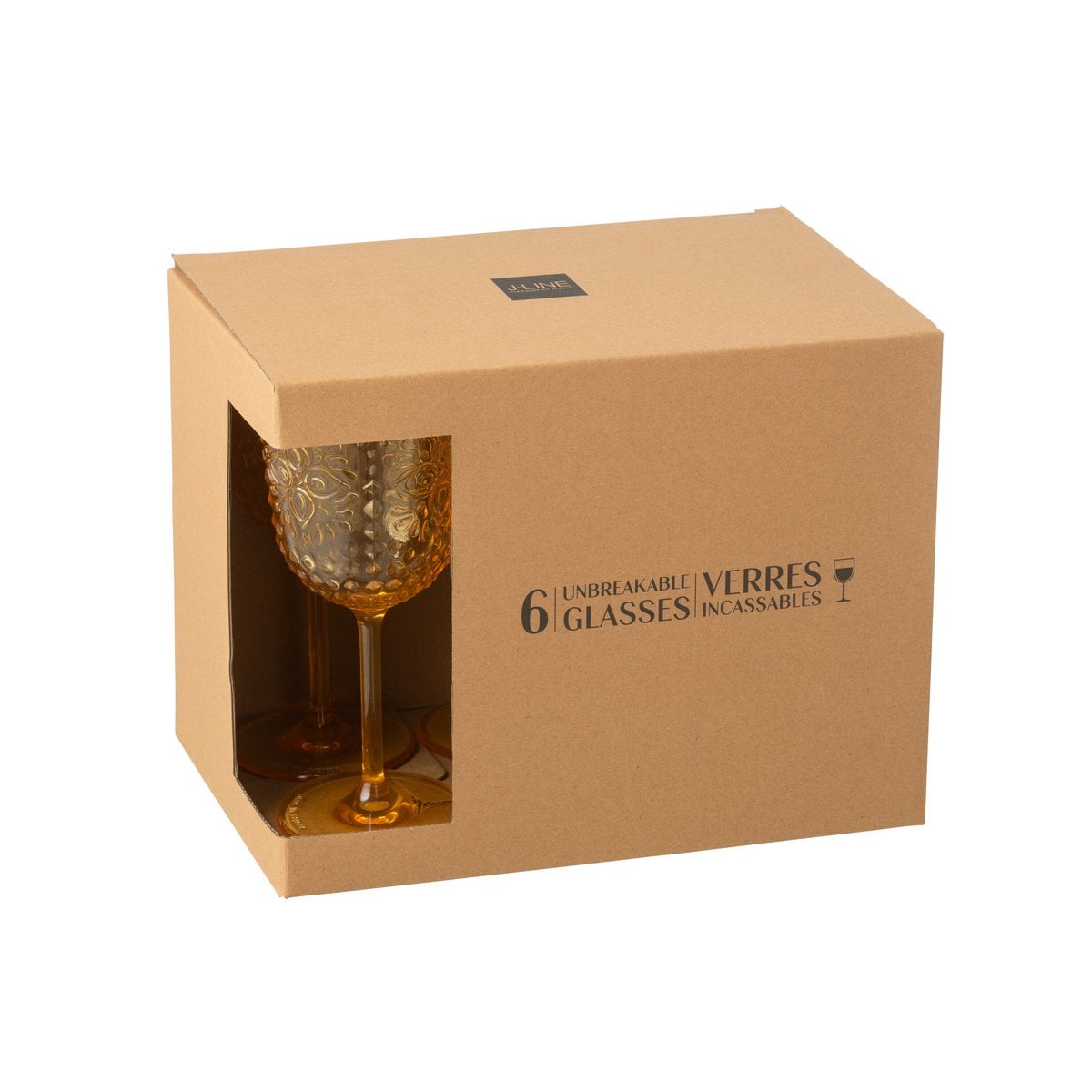 Boîte J-Line 6 verres à vin en plastique jaune, vue de face