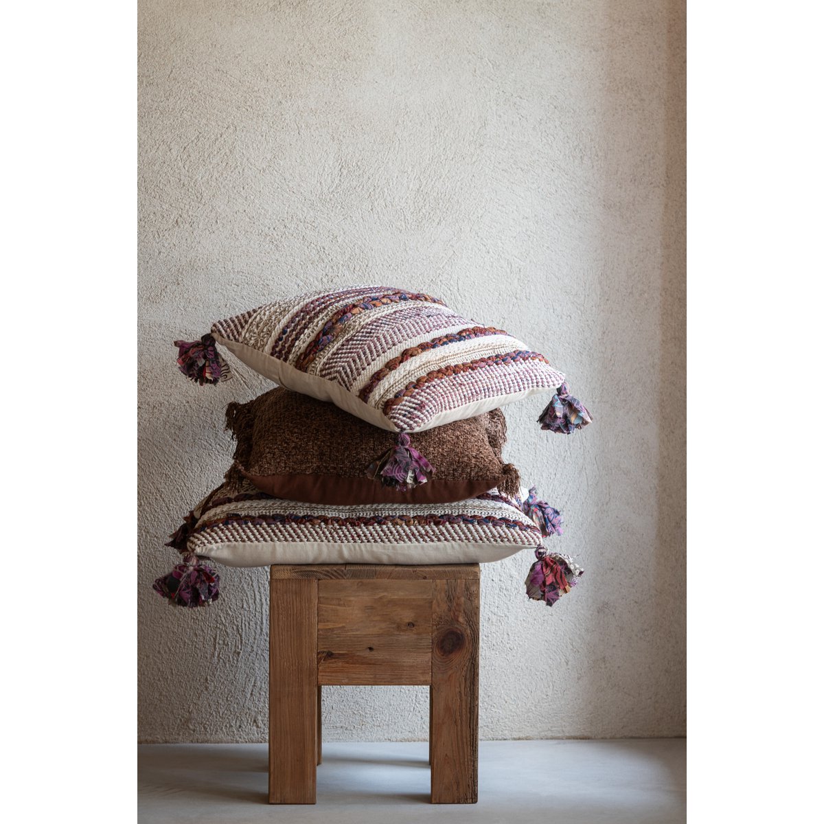 Détail du tressage du coussin Chindi en coton