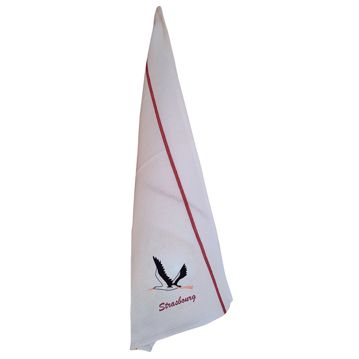 Torchon Nid d'abeilles Cigogne Envol Strasbourg - coton rouge et blanc, motif cigogne