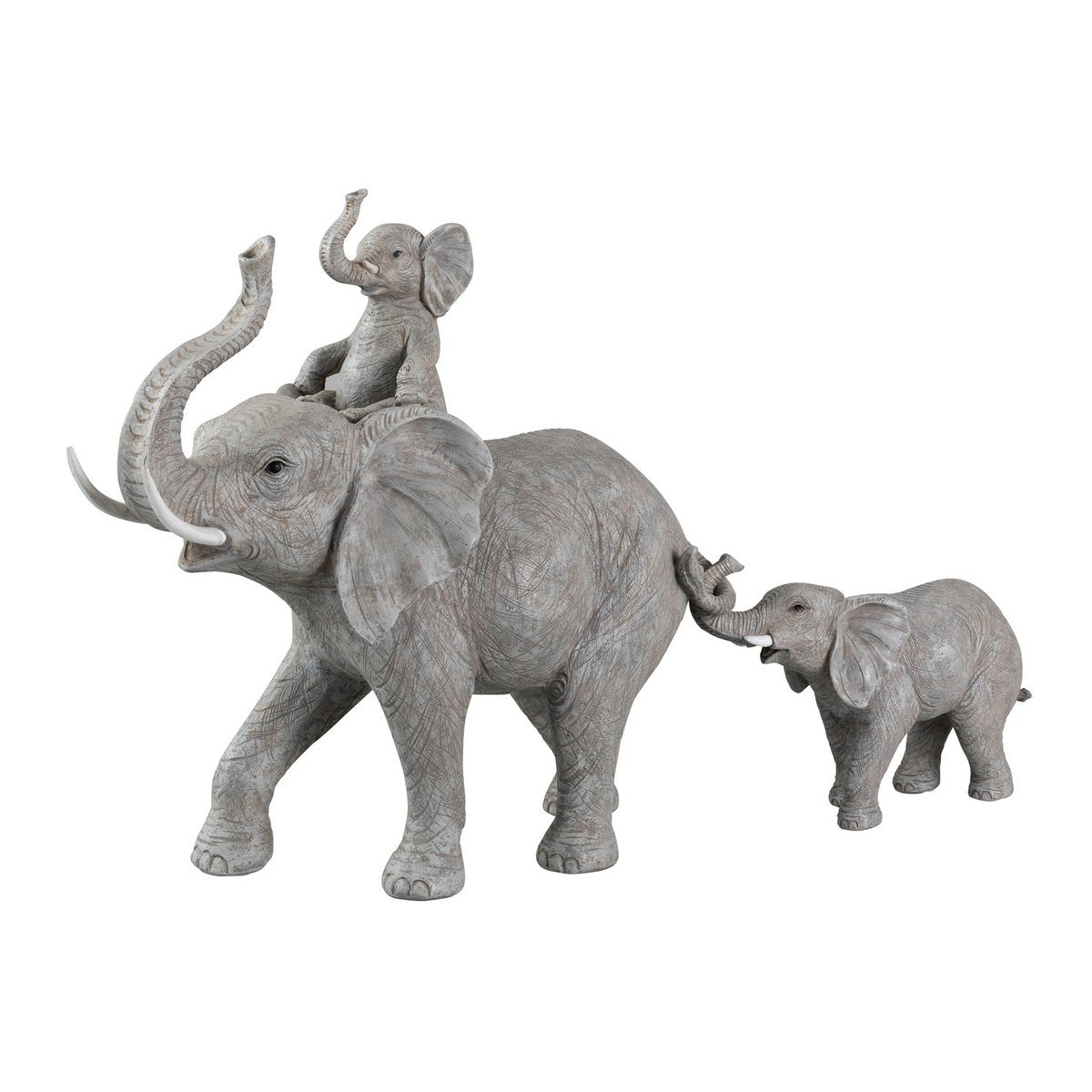 Figurine éléphant en polyresine grise avec enfant sur le dos, vue de face