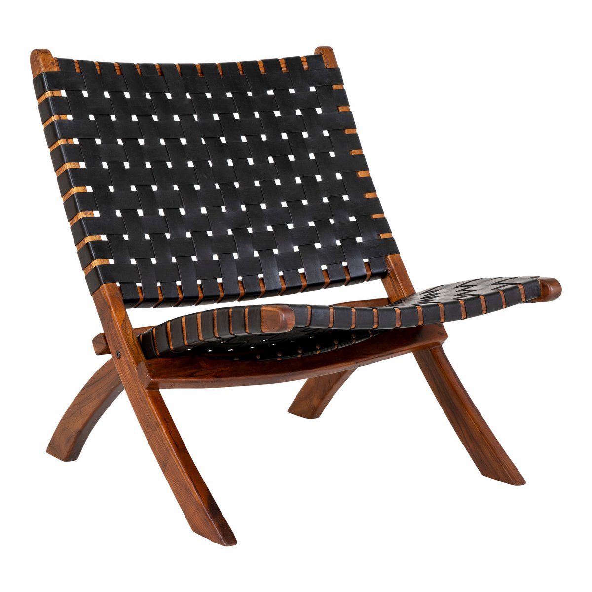 Chaise Pliante Perugia en bois de teck et cuir noir, vue de face