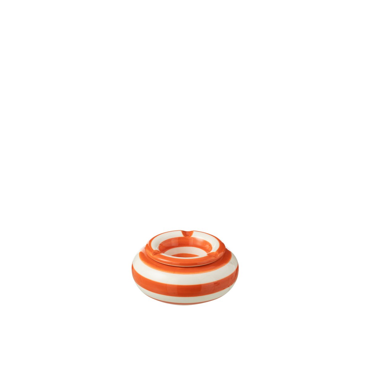 Cendrier J-line rayures de Grenade en céramique blanc et orange, vue de face.