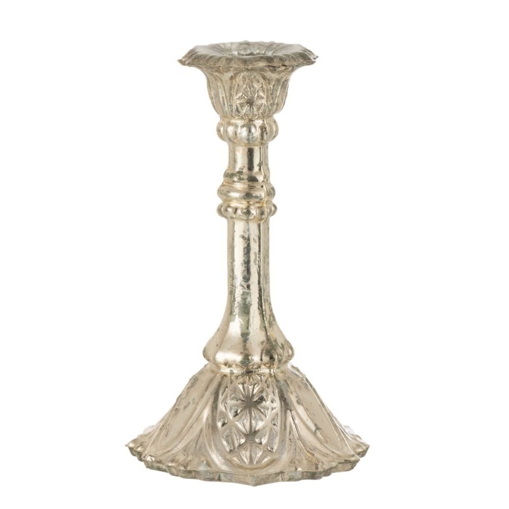 Bougeoir J-Line Oriental en verre argenté, vue de face.