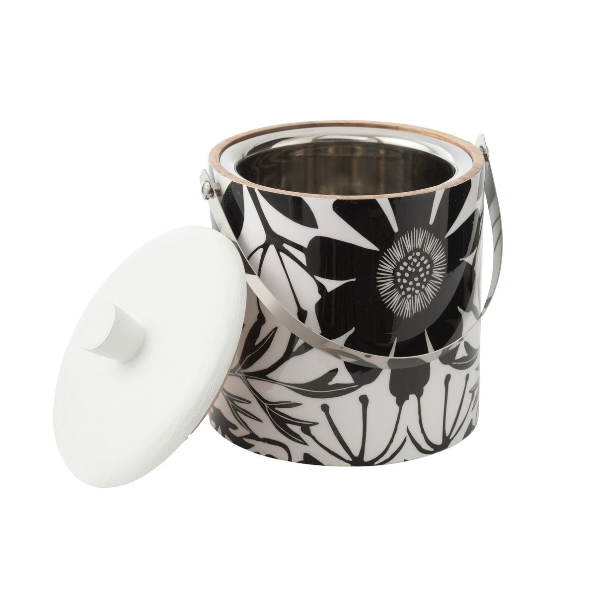Seau à glace J-Line Flowers en bois noir et blanc, vue de face