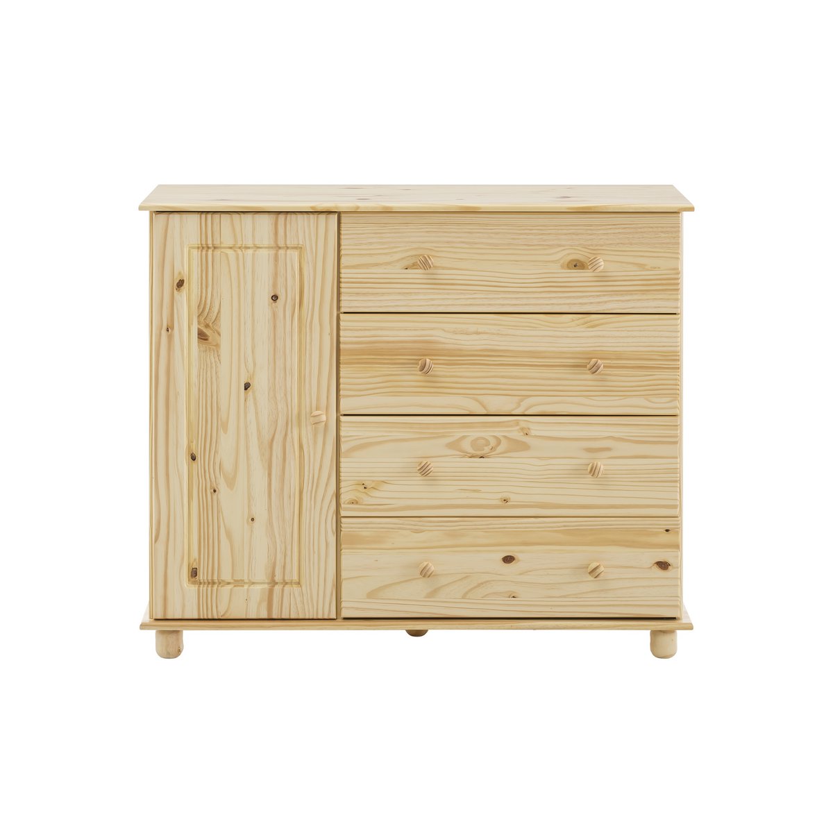 Commode en bois de pin avec tiroirs et porte, vue de face