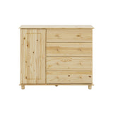 Commode en bois de pin avec tiroirs et porte, vue de face