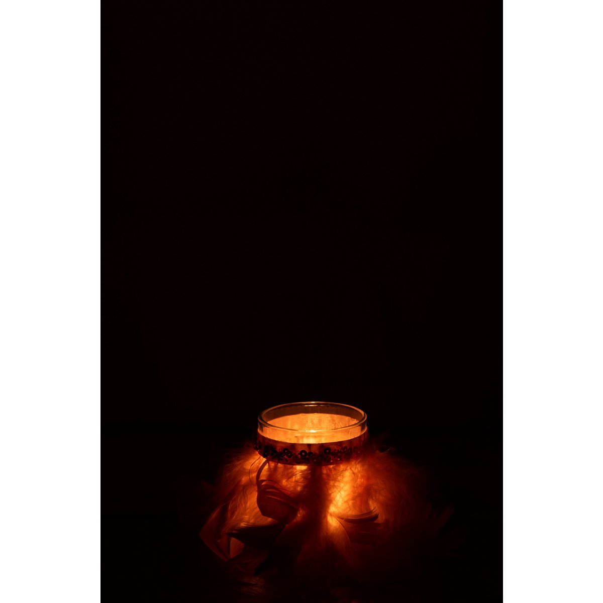 Photophore J-Line Plumes en verre rose clair, ambiance salon