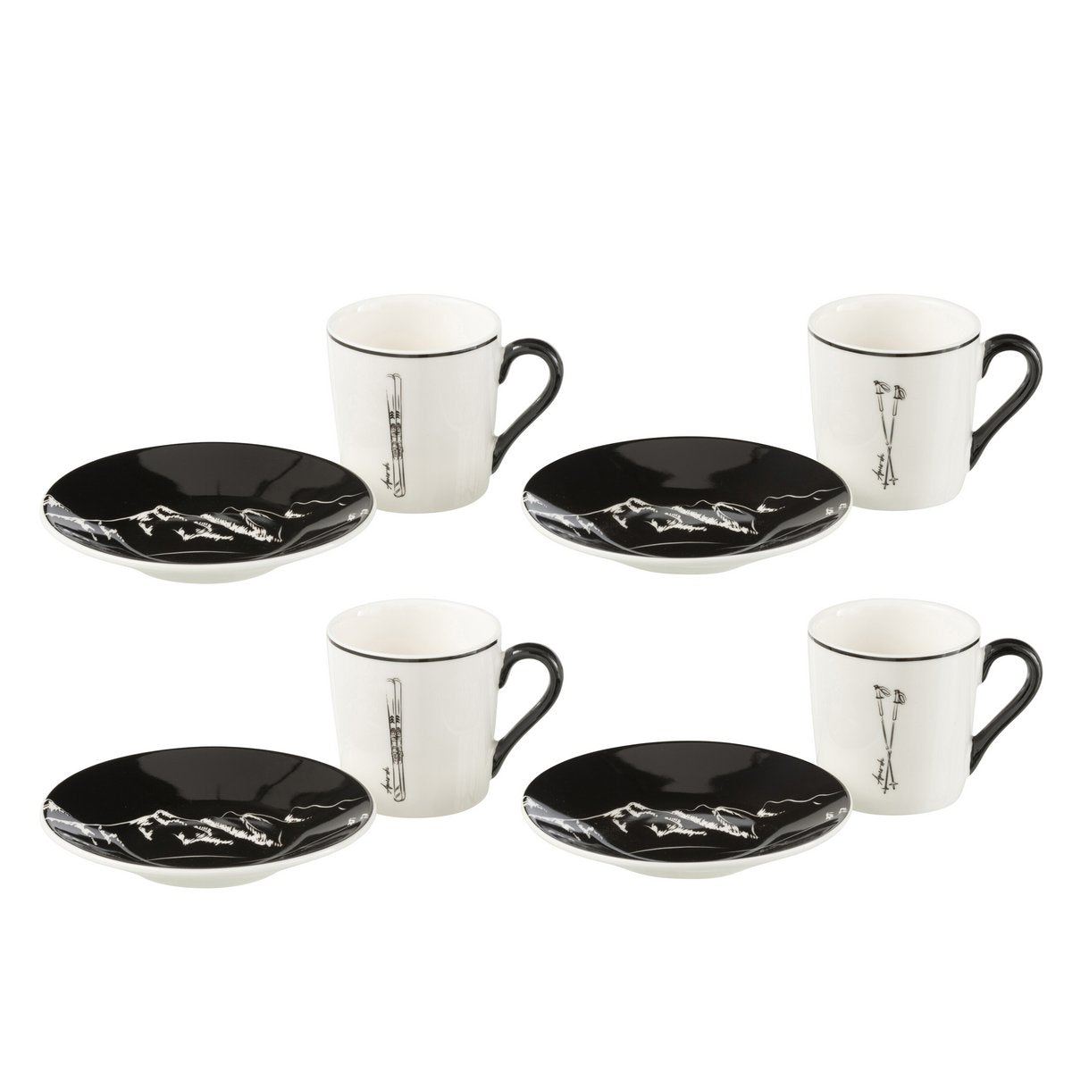 Tasse J-Line en céramique noire avec soucoupe blanche, vue de face