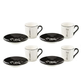 Tasse J-Line en céramique noire avec soucoupe blanche, vue de face