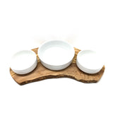 Station d'alimentation RUSTY TRIO pour nourriture humide, nourriture sèche et eau avec 2 bols en porcelaine de 0,4 L et 1 x 0,9 L en bois d'olivier