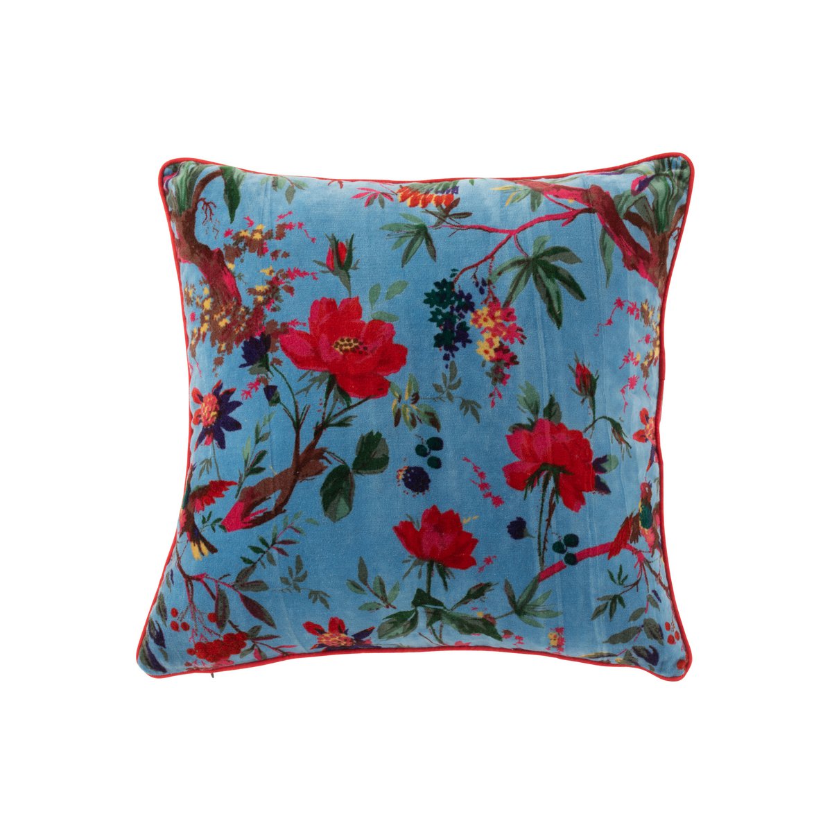 Coussin Oiseaux en velours coton floral bleu - vue avant