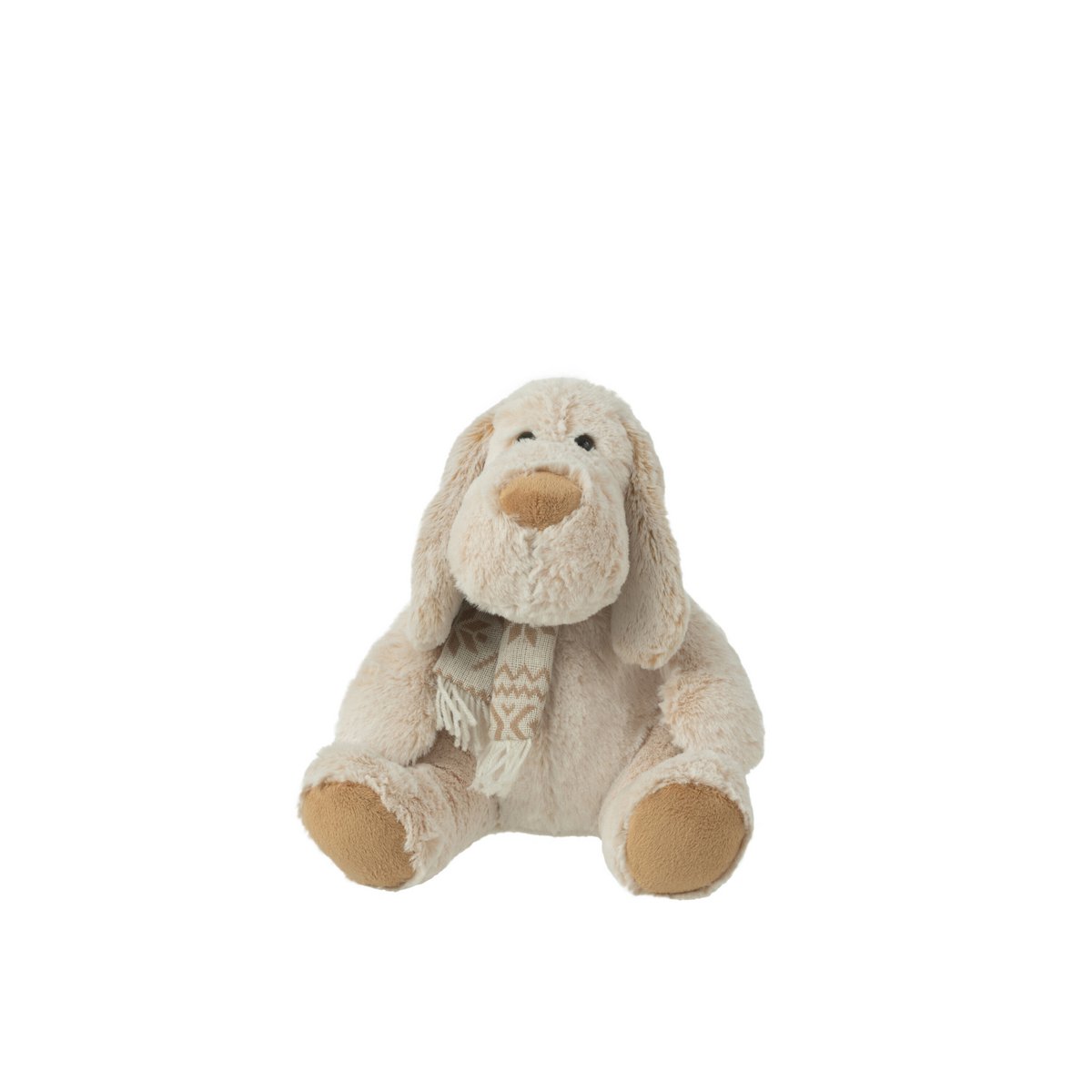 Chien peluche J-Line assis avec écharpe beige et marron