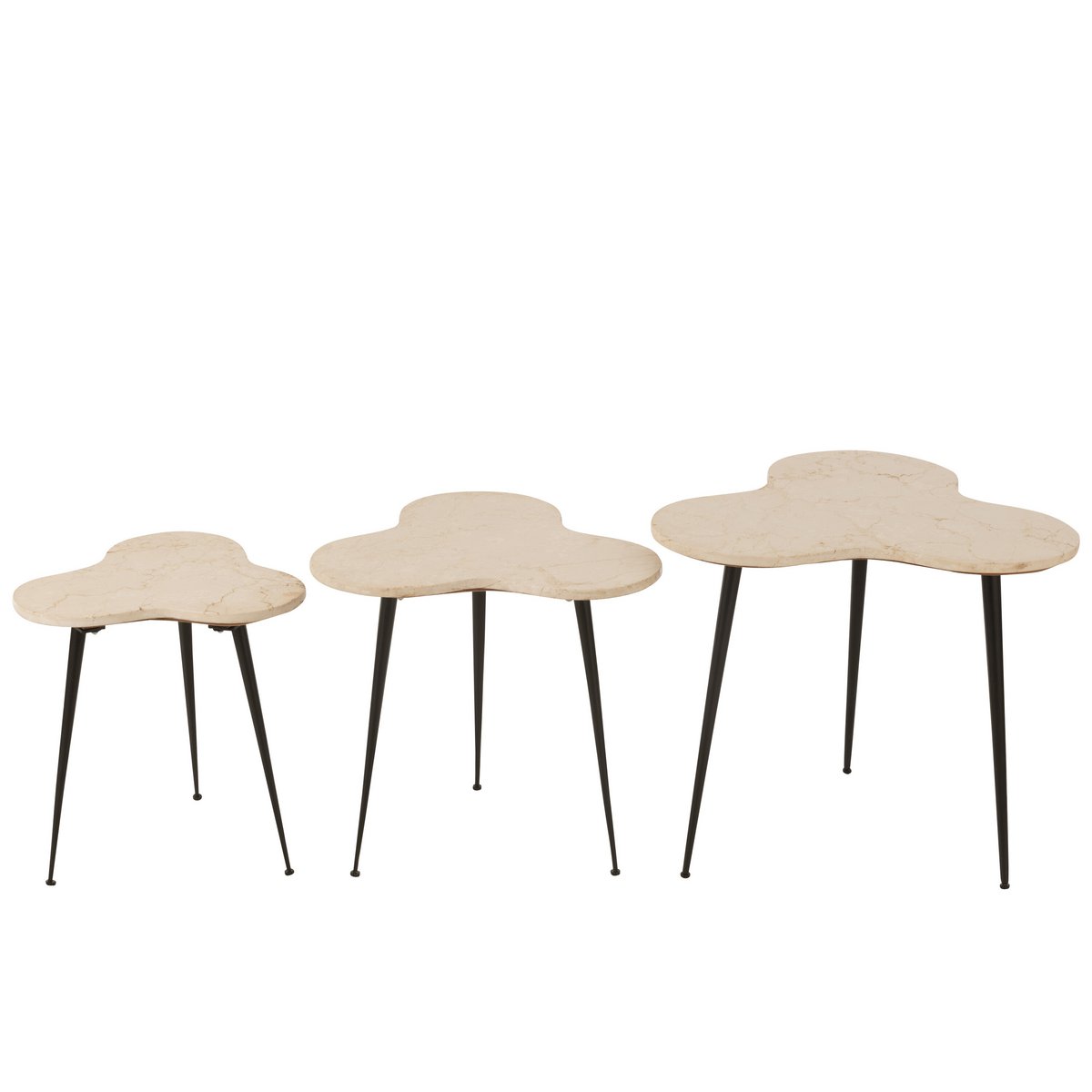 Détail des tables d'appoint J-Line, finition marbre blanc et métal.