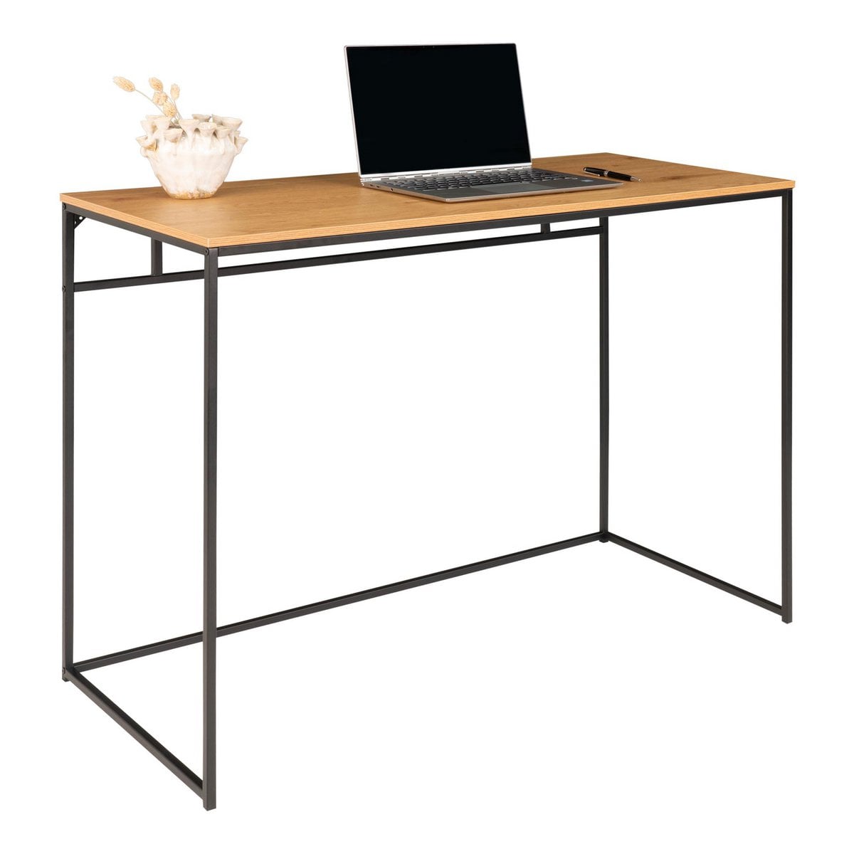 Bureau Vita en aspect chêne avec cadre en métal noir, vue de face