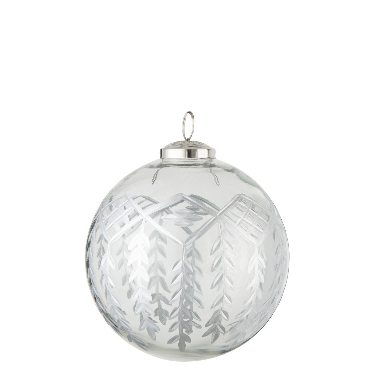 Boule de Noël Chloé en verre transparent avec motifs argentés, vue de face