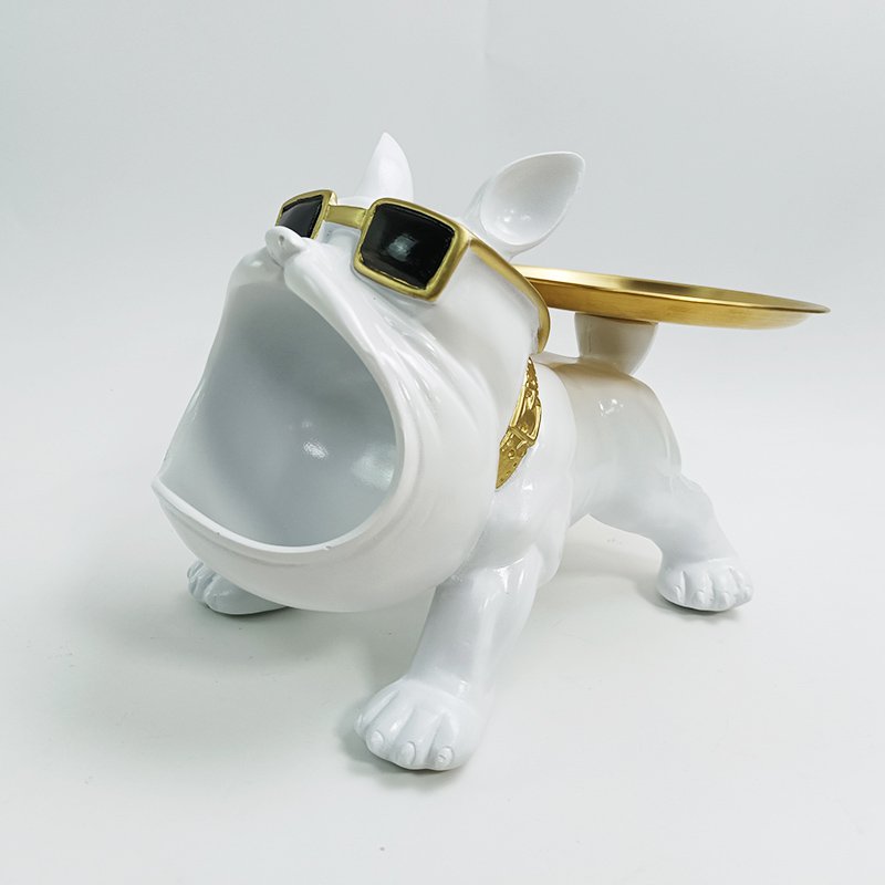 Bouledogue en polyrésine blanc avec plateau, décoration élégante