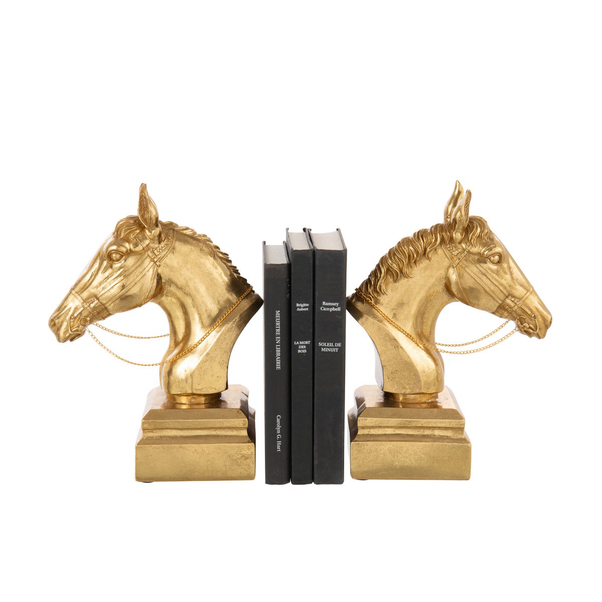 Détail du serre-livres J-Line représentant une tête de cheval, finition or