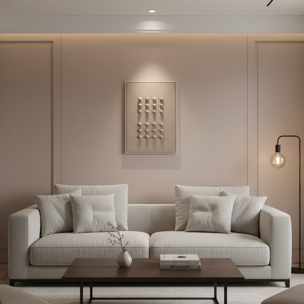 Décoration murale marron foncé installée au-dessus d'une commode dans un intérieur stylé