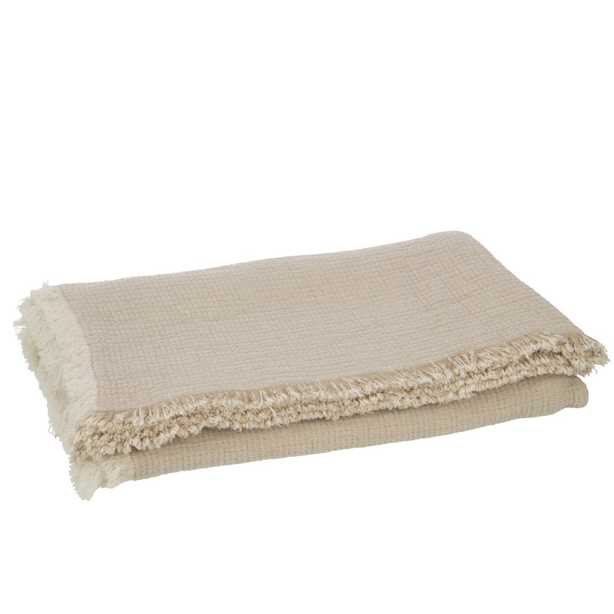 Plaid J-Line beige foncé sur un lit, ambiance cosy
