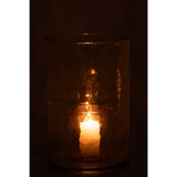 Lanterne J-Line double verre vert sur une table en bois, ambiance cosy