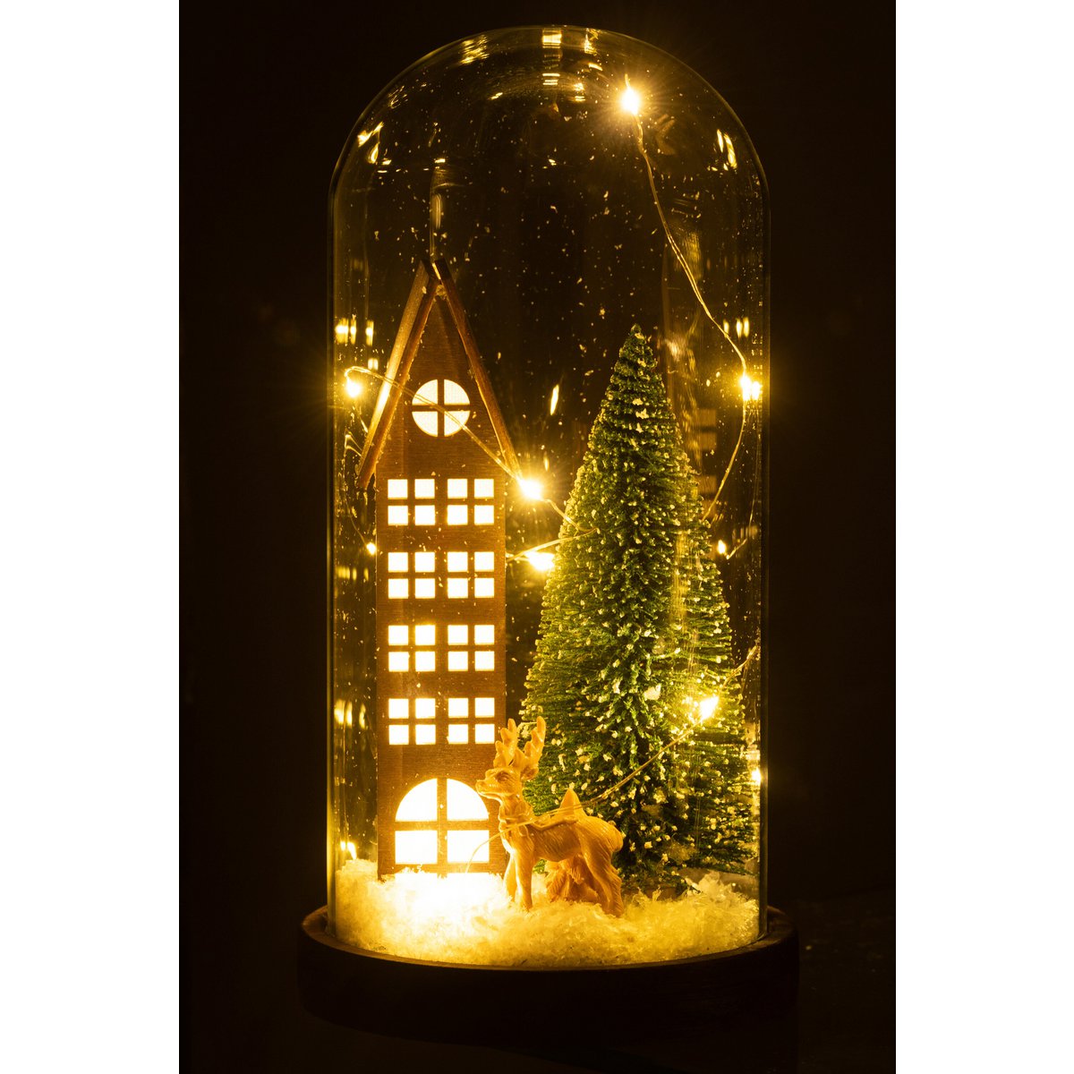 Détail du verre et bois de la décoration Maison Noël LED