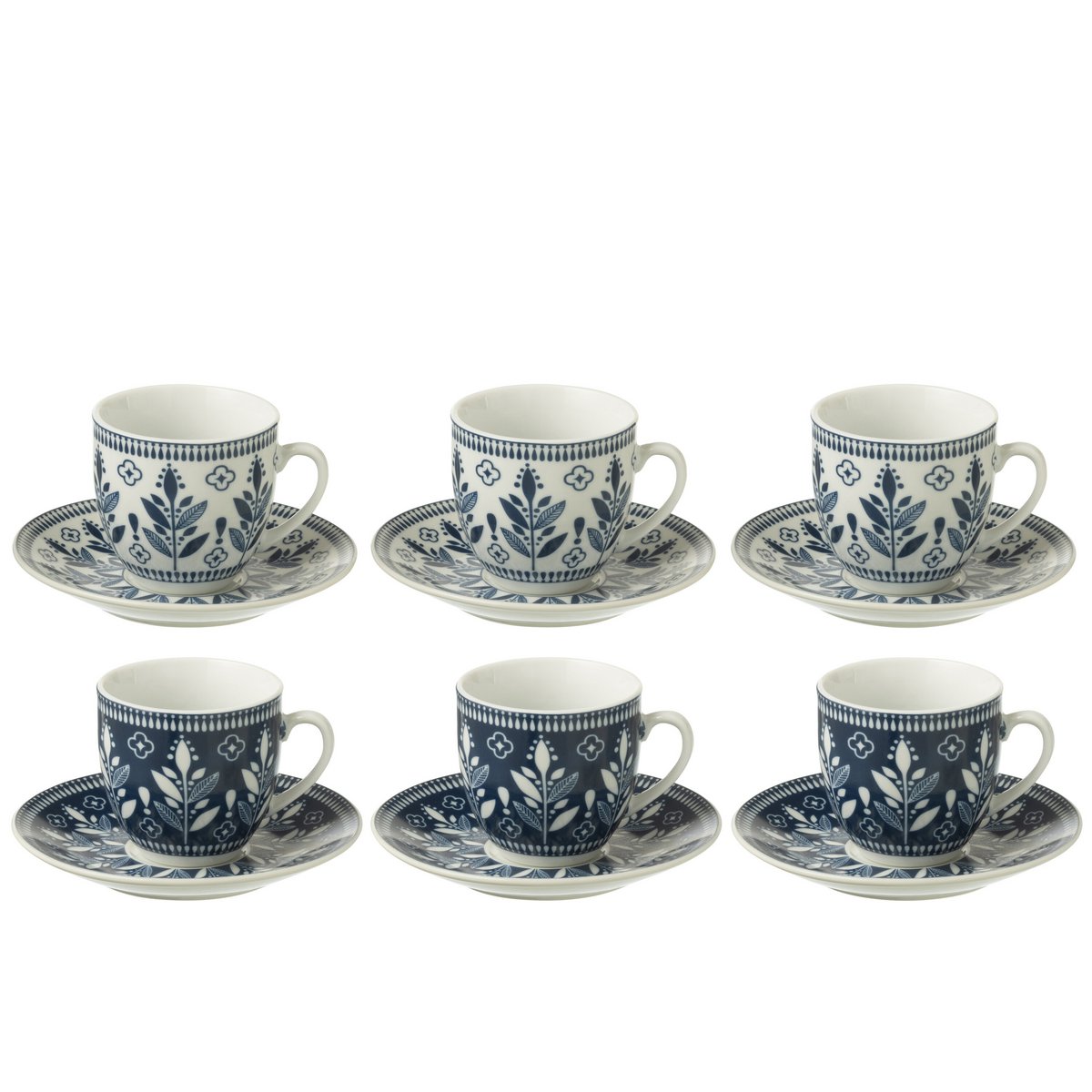 Boîte J-Line 6 tasses en céramique bleu foncé sur une table élégante