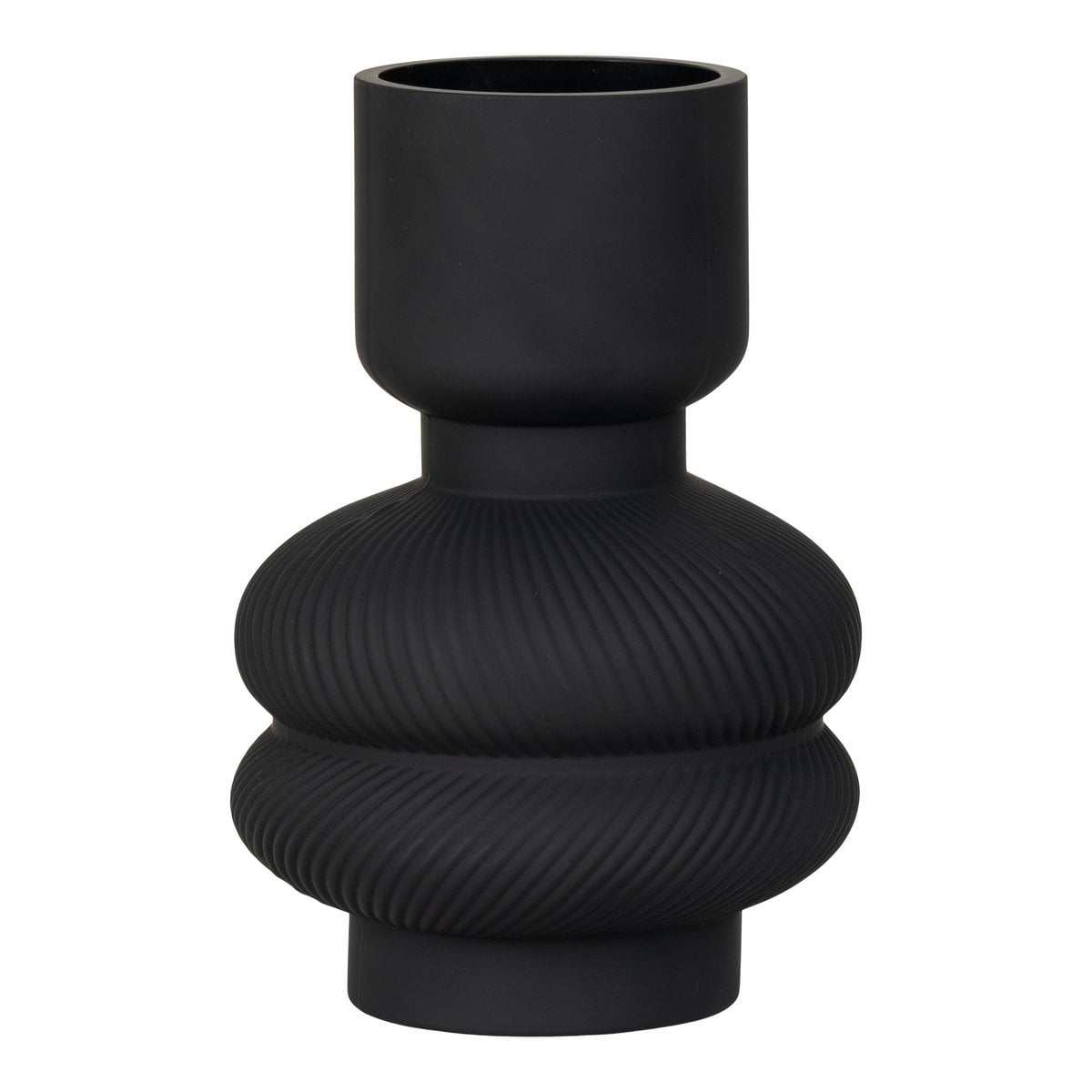 Vase en verre noir avec détails nervurés, vue de face