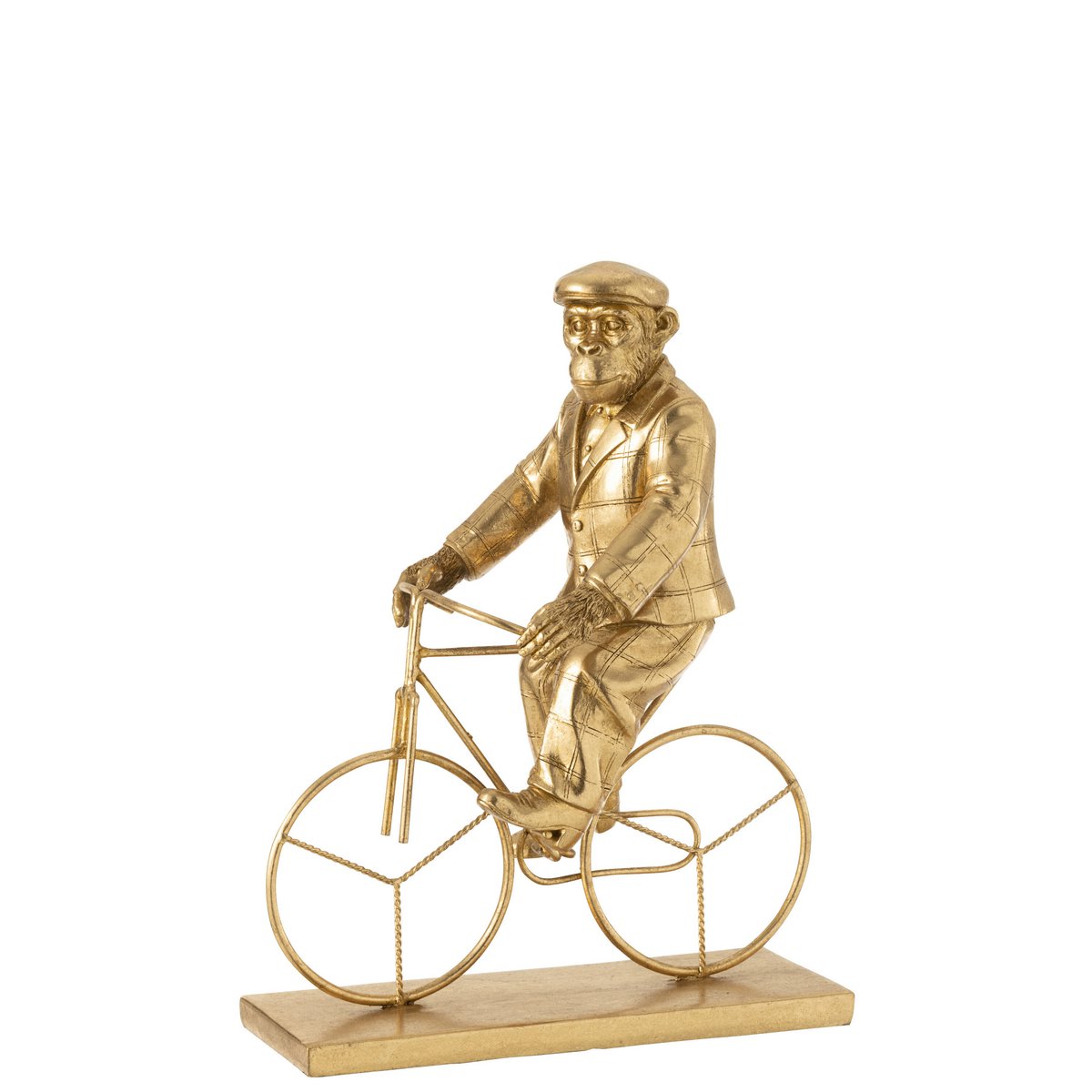 Figurine Monkey Bicycle en polyrésine dorée, vue de face