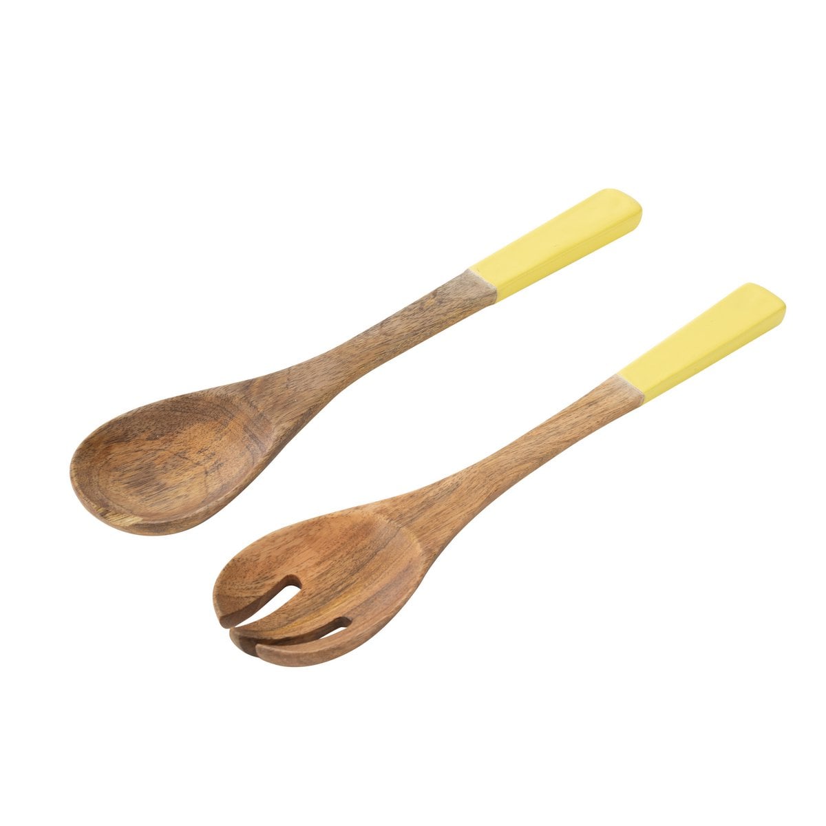 Zoom sur les couverts à salade J-Line, mettant en avant le design et la texture du bois de manguier.