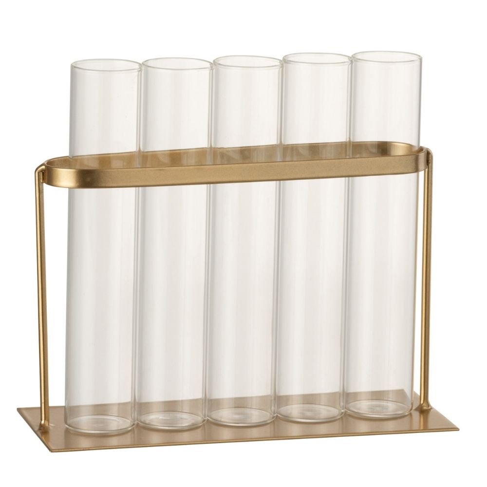 Vase 5 tubes J-Line en métal doré et verre, vue de face