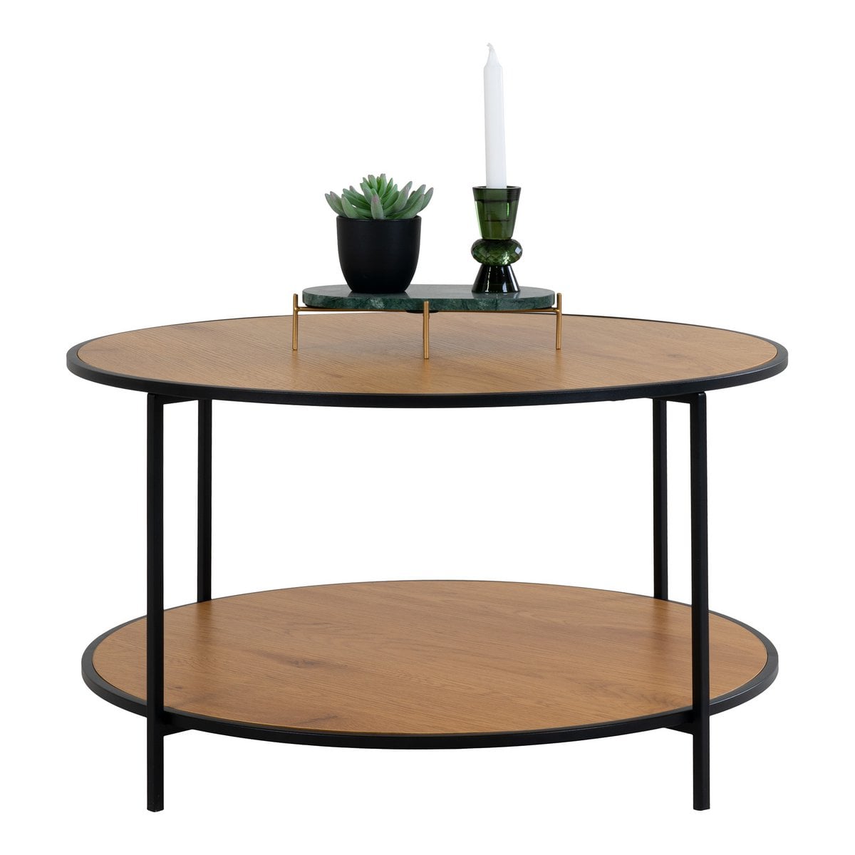 Table basse Vita en aspect chêne et acier, vue de face
