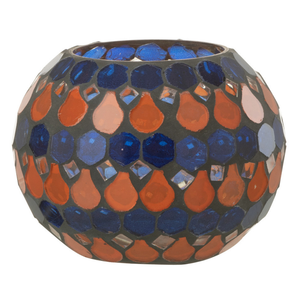Photophore mosaïque J-Line en verre orange et bleu, vue de face