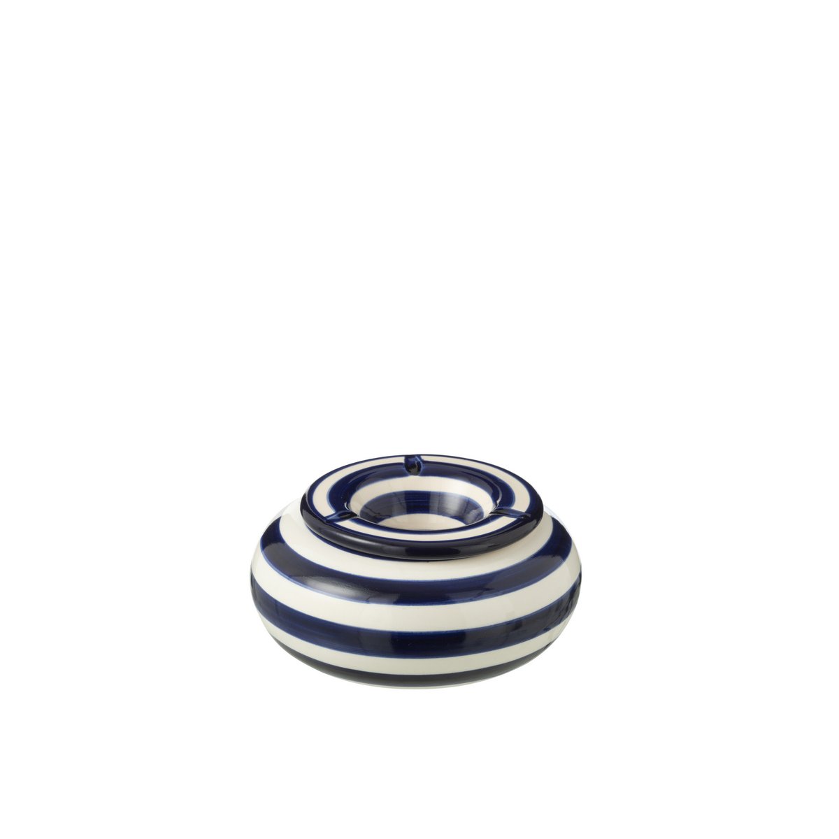 Asbak J-Line Cendre Granade Stripes en céramique blanche et bleue, vue de face