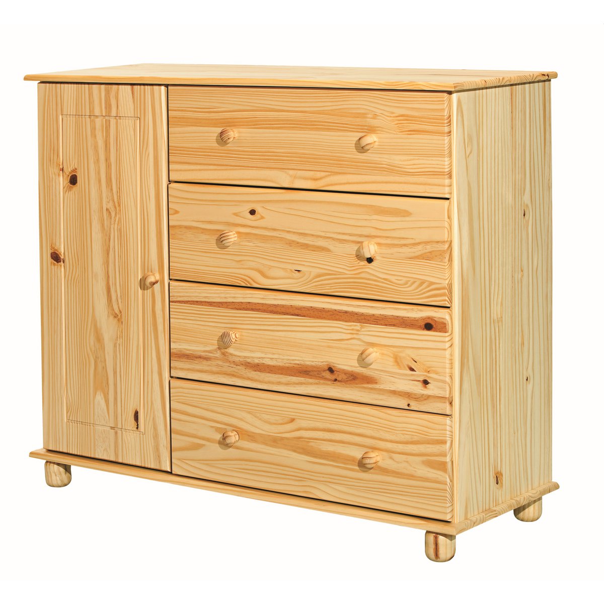 Détail des tiroirs métalliques de la commode en bois de pin