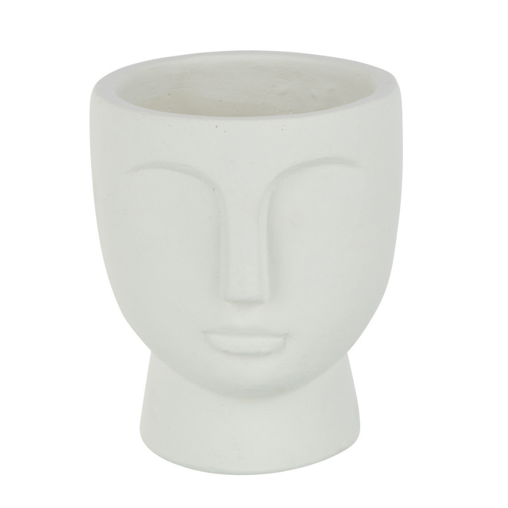 Pot de Fleur Visage en Ciment Blanc J-Line, vue de face avec détails du visage.