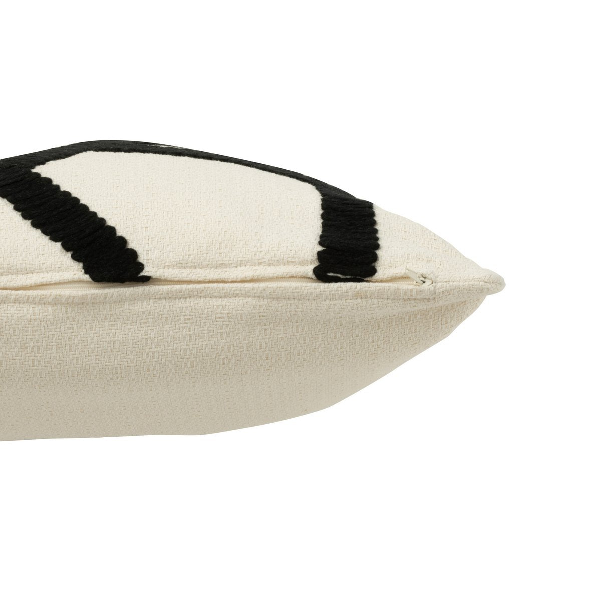 Détail du motif rayé noir et blanc du coussin J-Line