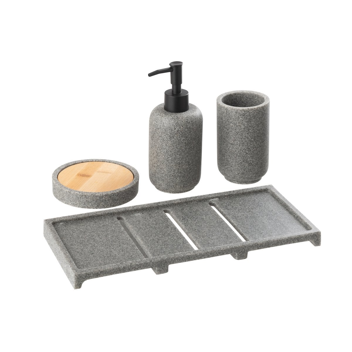 Distributeur de savon J-Line en polyrésine gris foncé sur plateau élégant