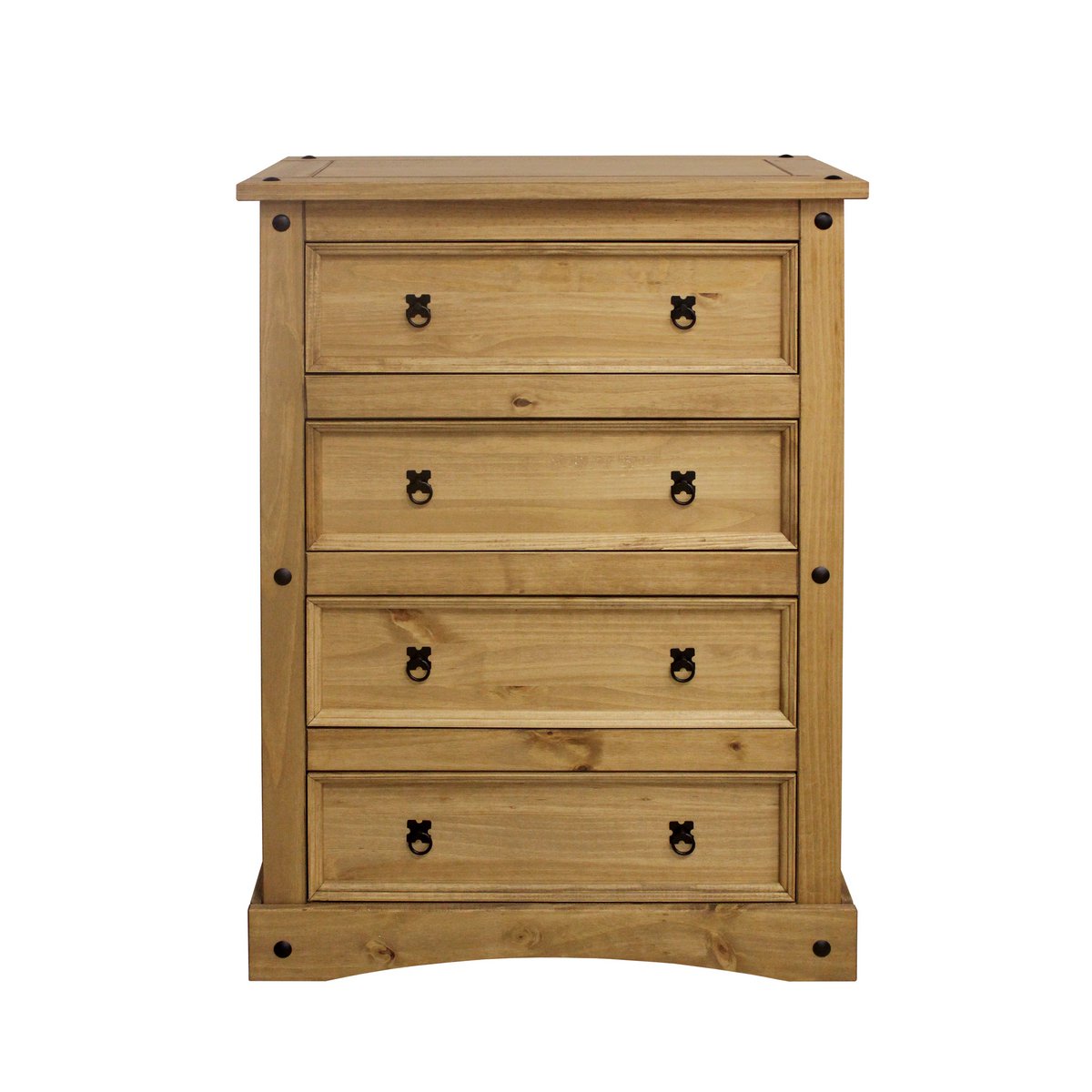 Vue frontale de la commode en pin massif avec 4 tiroirs