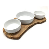 Station d'alimentation RUSTY TRIO pour nourriture humide, nourriture sèche et eau avec 2 bols en porcelaine de 0,4 L et 1 x 0,9 L en bois d'olivier
