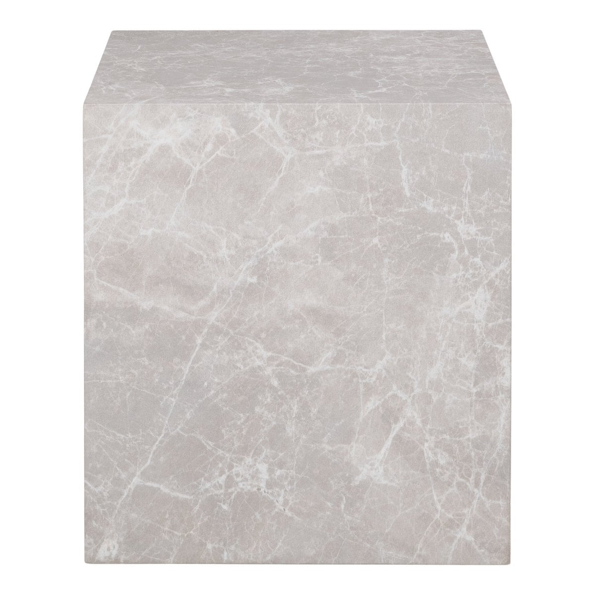Table d'Appoint Prague, aspect marbre beige, mise en scène dans un salon moderne.