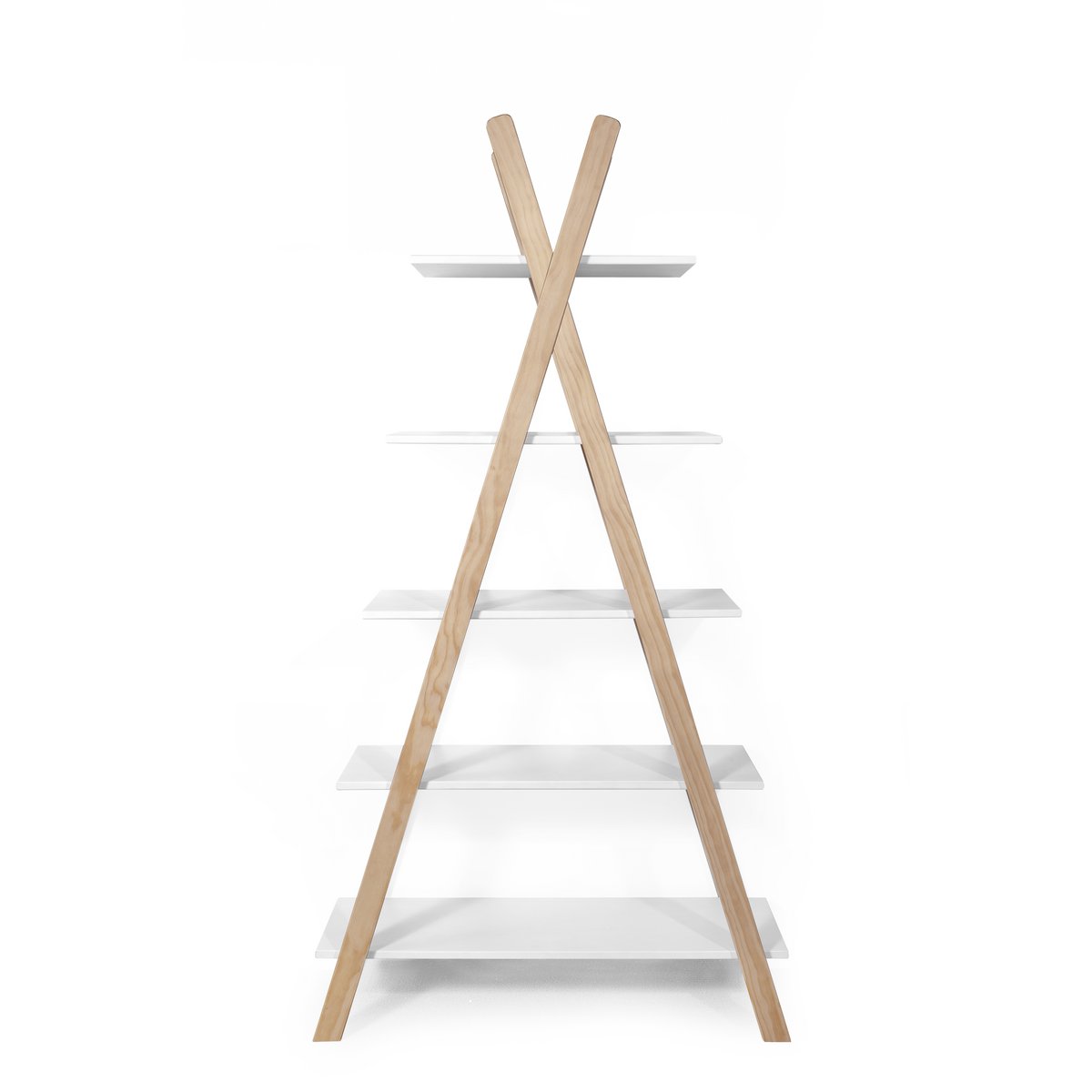 Vue latérale de l'étagère tipi montrant les entretoises en bois de pin