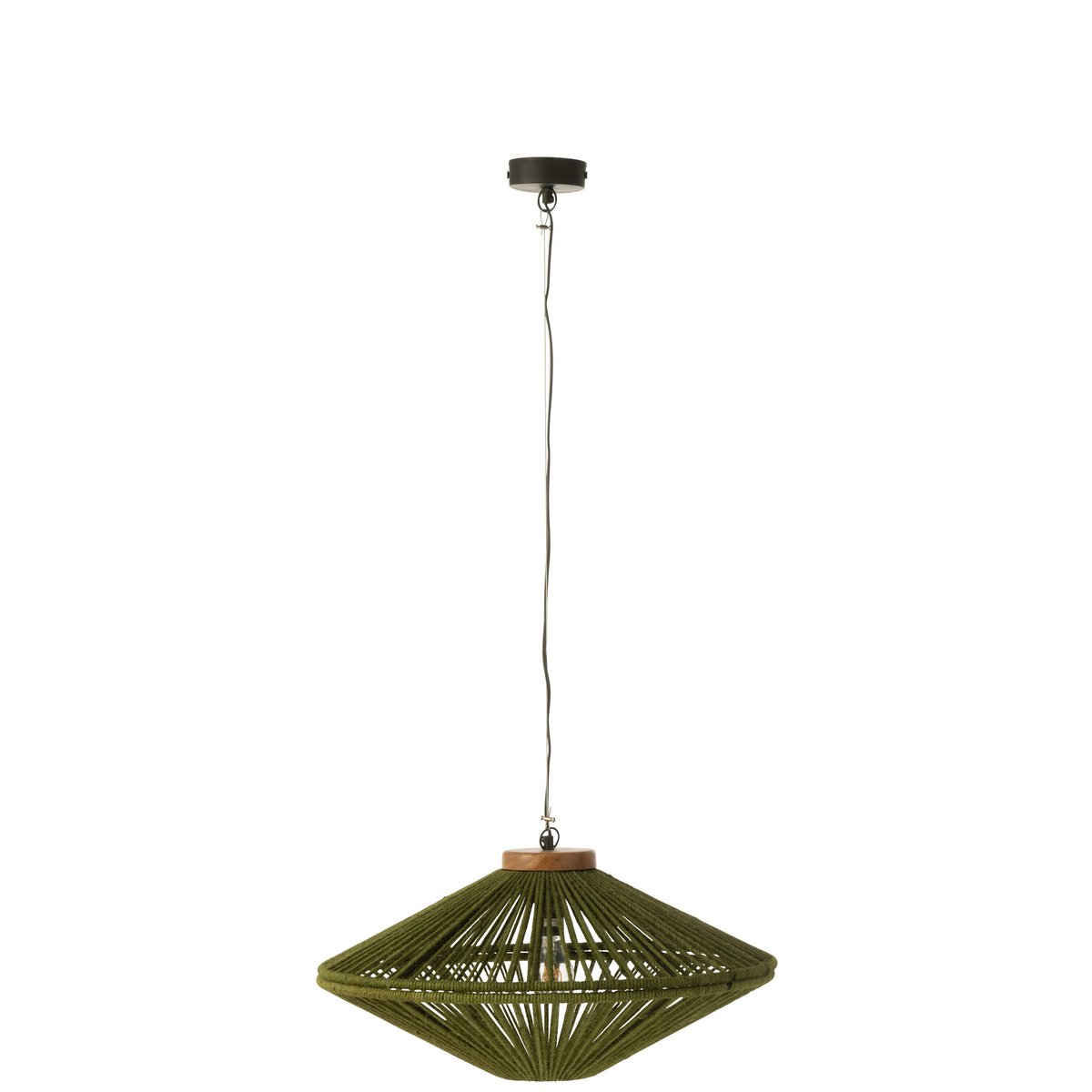 Lampe à suspension Ovni J-Line en fer et jute vert, vue de face