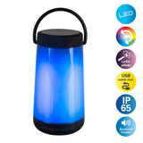 Lumière de table LED avec haut-parleur BT "Festa" pour zone extérieure en plastique noir avec des LED intégrées, 18 cm de haut
